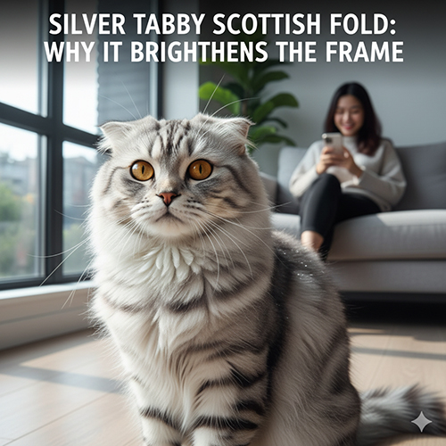 Mèo Scottish Fold silver tabby ngồi gần cửa sổ, lông bạc sáng nổi bật, phía sau là cô gái mỉm cười nhìn điện thoại.