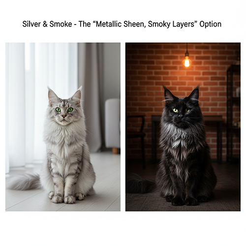 Mèo Maine Coon silver và black smoke được đặt cạnh nhau để so sánh hiệu ứng ánh kim và lớp khói