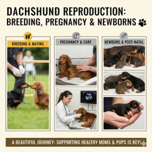 Infographic tổng quan về sinh sản chó Lạp xưởng: phối giống, mang thai và chăm mẹ con