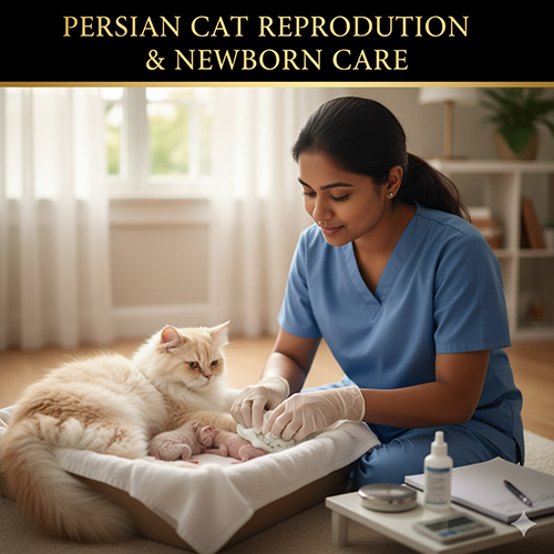 mèo Ba Tư mẹ nằm bên ổ đẻ, nhân viên thú y chăm sóc đàn con sơ sinh