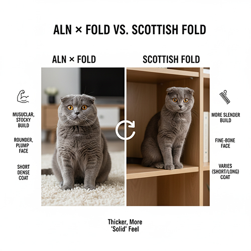So sánh mèo Anh lông ngắn tai cụp (ALN × Fold) và mèo Scottish Fold thuần chủng