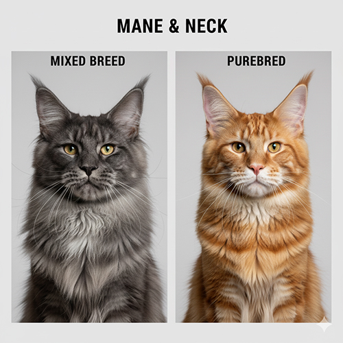 So sánh bờm và vùng cổ của Maine Coon lai và thuần chủng, cho thấy bờm mềm ở lai và bờm sư tử rõ khối ở thuần chủng.