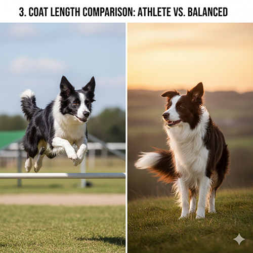 Hình ảnh so sánh chó Border Collie lông ngắn và lông trung bình khi vận động và đứng yên