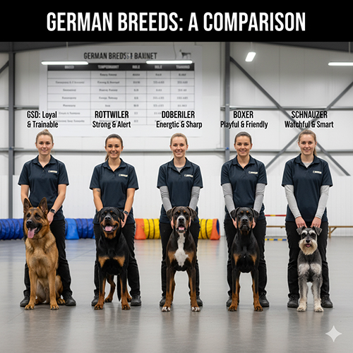 Năm huấn luyện viên đứng cùng các giống chó Đức gồm Becgie, Rottweiler, Doberman, Boxer và Schnauzer trong khu huấn luyện trong nhà.