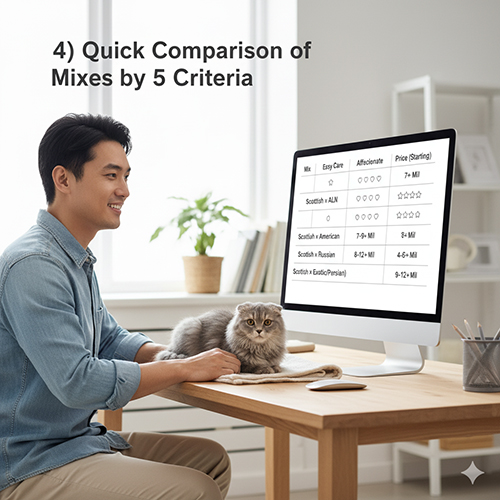 Người đàn ông ngồi trước máy tính với chú mèo tai cụp bên cạnh, trên màn hình hiển thị bảng so sánh các giống mèo Scottish Fold lai theo 5 tiêu chí: dễ chăm, tính cách, ngoại hình, vận động và giá.