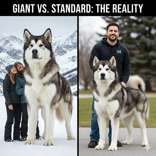 So sánh chó Alaska khổng lồ và chó Alaska tiêu chuẩn đứng cạnh người