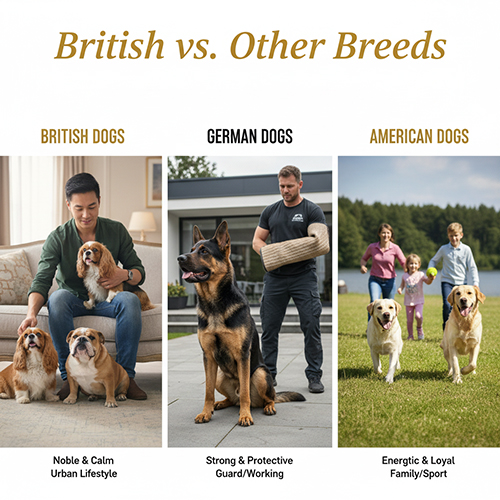 Bảng so sánh chó Anh, chó Đức và chó Mỹ qua ba bức ảnh minh họa: chó Anh hiền lành, Becgie Đức mạnh mẽ và Labrador Mỹ năng động