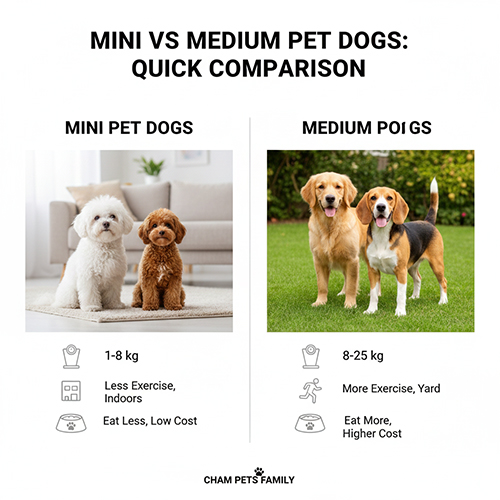 So sánh chó cảnh mini và chó cảnh trung bình theo cân nặng và nhu cầu chăm