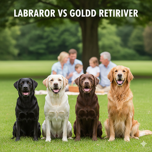 Hình ảnh so sánh chó Labrador Retriever và Golden Retriever ngoài trời