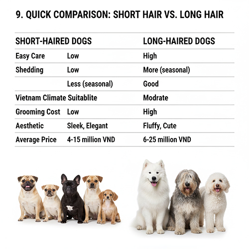 Bảng so sánh chó lông ngắn và chó lông xù về chăm sóc, chi phí và mức độ phù hợp khí hậu