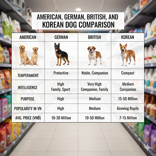 So sánh chó Mỹ, Đức, Anh và Hàn – bảng tổng hợp các tiêu chí về tính cách, trí thông minh, mục đích, độ phổ biến và giá trung bình tại Việt Nam.