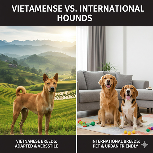 Ảnh so sánh chó săn Việt Nam và chó săn ngoại: Phú Quốc đứng trên ruộng bậc thang và Labrador – Beagle trong phòng khách