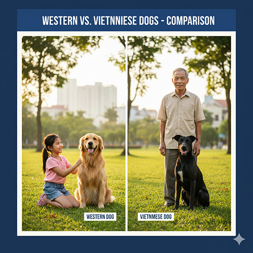 So sánh chó Tây và chó Ta – Hình ảnh bé gái chơi với chó Golden Retriever bên cạnh cụ ông đứng cùng chó Ta đen trong công viên.