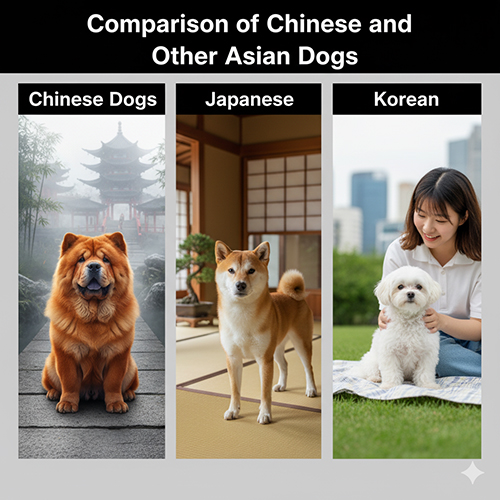So sánh chó Trung Quốc, chó Nhật Bản và chó Hàn Quốc qua hình ảnh Chow Chow, Shiba Inu và Maltese cùng bối cảnh đặc trưng từng quốc gia