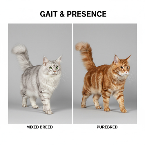 So sánh dáng đi và “hiện diện” của Maine Coon lai và thuần chủng, với lai linh hoạt – thân thiện và thuần chủng oai vệ – điềm tĩnh.
