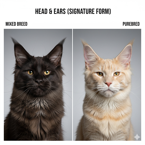 So sánh đầu và tai của Maine Coon lai và thuần chủng, cho thấy đầu U mềm ở lai và đầu vuông cùng lynx tips dựng rõ ở thuần chủng.