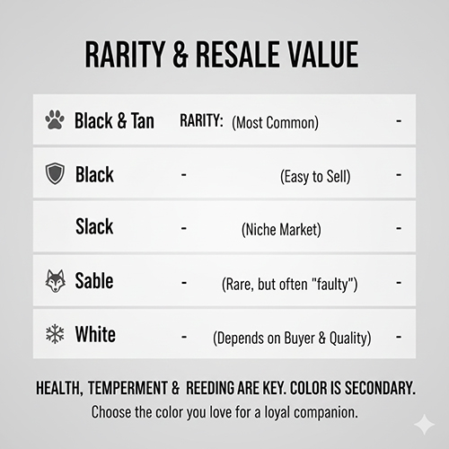 Bảng so sánh độ hiếm và khả năng bán lại giữa các màu lông Becgie như đen–vàng, đen, sable và trắng.