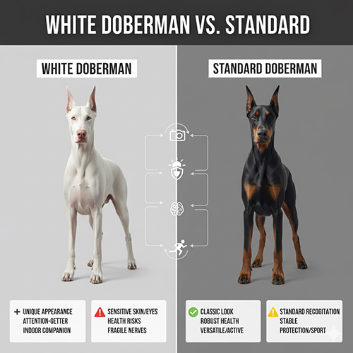 So sánh chó Doberman trắng và Doberman màu chuẩn về ngoại hình, sức khỏe và khả năng nuôi lâu dài
