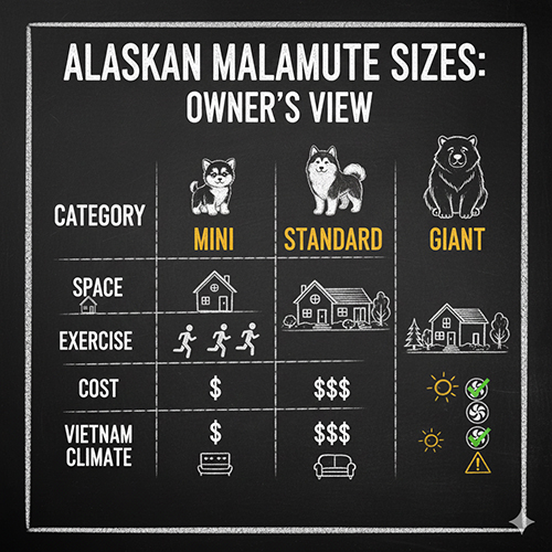 Bảng so sánh các dòng chó Alaska Mini, Standard và Giant theo góc nhìn người nuôi về không gian sống, vận động, chi phí và khí hậu Việt Nam