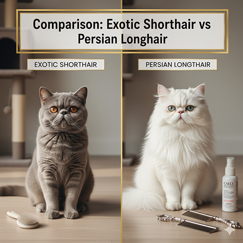 So sánh mèo Ba Tư lông ngắn Exotic Shorthair và mèo Ba Tư lông dài Persian Longhair trong một khung hình chia đôi.