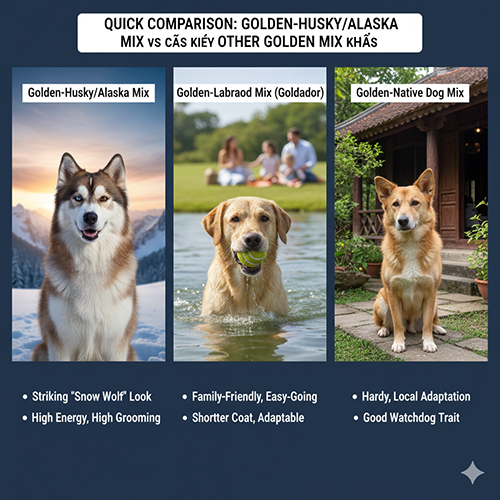 Ảnh so sánh nhanh chó Golden lai Husky/Alaska với Golden lai Labrador và Golden lai chó cỏ/ta qua ba khung hình riêng biệt.