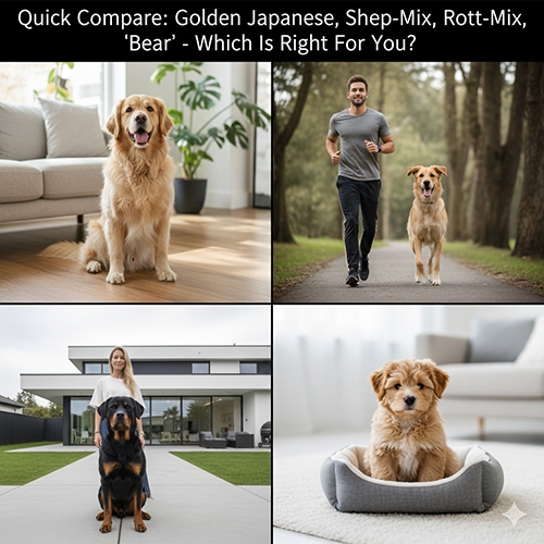 Ảnh so sánh nhanh chó Golden thuần, Golden lai Nhật, Golden lai Becgie, Rott × Golden và Golden lai “gấu” để chọn dòng phù hợp với gia đình