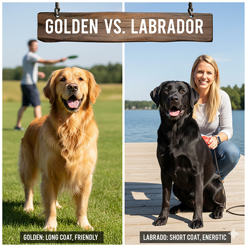 So sánh chó Golden Retriever lông dài và Labrador Retriever lông ngắn qua hai hình minh họa