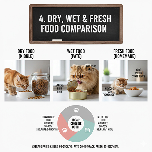 So sánh hạt khô, pate và đồ ăn tươi cho mèo theo dinh dưỡng và độ tiện