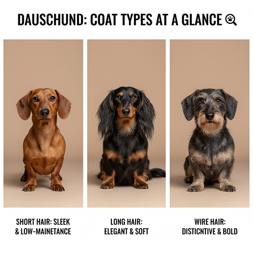 Ba bé Dachshund đại diện cho ba kiểu lông: lông ngắn, lông dài và lông xù/cứng