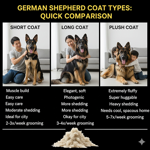 Bảng so sánh nhanh giữa Becgie lông ngắn, lông dài và lông xù kèm hình minh họa và lượng lông rụng