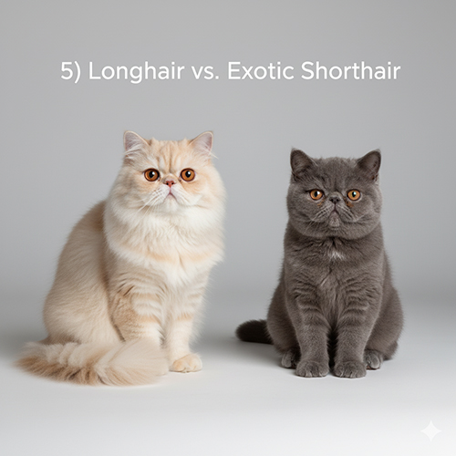 Một mèo Ba Tư lông dài màu kem và một mèo Exotic lông ngắn màu xám ngồi cạnh nhau trên nền sáng