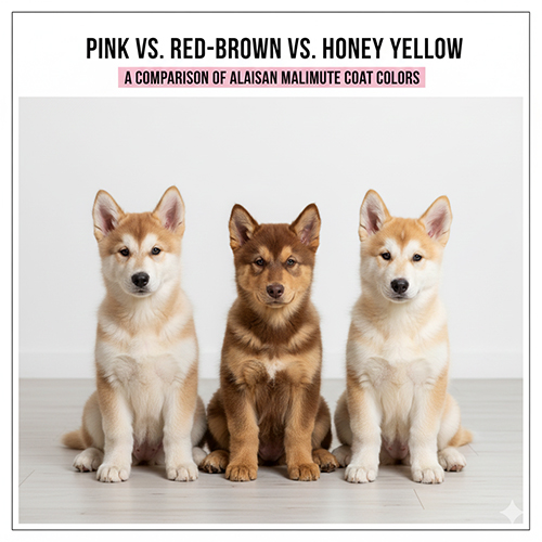 So sánh màu lông chó Alaska hồng phấn với nâu đỏ và vàng mật ong trong studio ánh sáng trắng