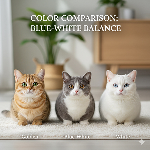 So sánh mèo Munchkin xám trắng với các màu khác như Golden và White – thể hiện sự cân bằng dịu mắt và thanh lịch của màu Blue-White.