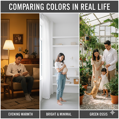 Ba khung ảnh minh họa các không gian sống với mèo Xiêm: phòng đèn vàng buổi tối, căn hộ sáng tối giản và nhà kính xanh nhiều cây