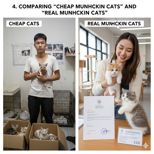 Ảnh so sánh hai bên: bên trái người bán mèo “giá rẻ” trong thùng giấy, bên phải trại uy tín với mèo Munchkin thuần và giấy bảo hành, sổ tiêm.