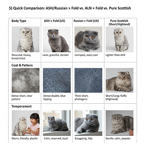 Bảng so sánh mèo Scottish Fold lai American Shorthair, Russian Blue, Anh lông ngắn và Scottish thuần về ngoại hình, coat và tính cách