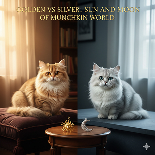 Hai bé mèo Munchkin – một Golden vàng óng và một Silver bạc sáng – ngồi đối xứng trong ánh sáng vàng và lam, biểu trưng cho “mặt trời và mặt trăng” của thế giới Munchkin.