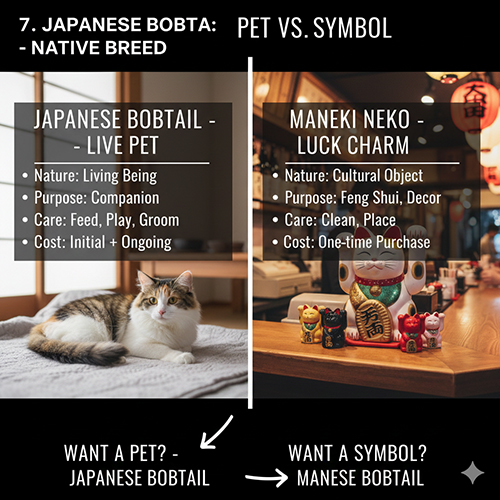 So sánh mèo Nhật Japanese Bobtail nuôi làm thú cưng và Maneki Neko biểu tượng may mắn