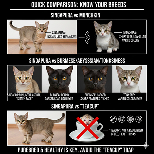 So sánh mèo Singapore (Singapura) với Munchkin, Burmese, Abyssinian, Tonkinese và teacup