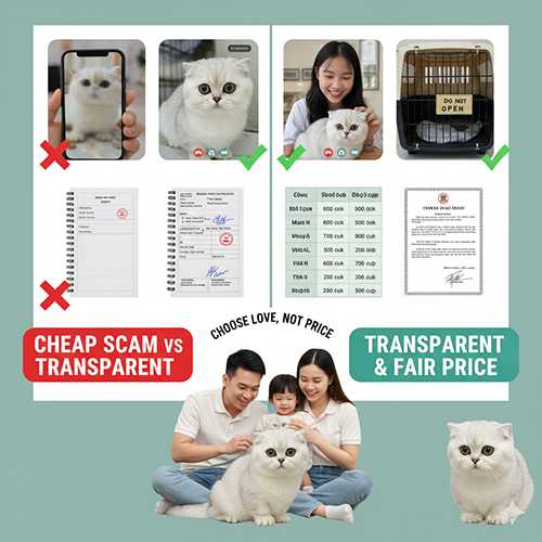 So sánh mèo tai cụp giá rẻ và giá hợp lý – minh họa sự khác biệt giữa tin lừa đảo và nơi bán uy tín minh bạch