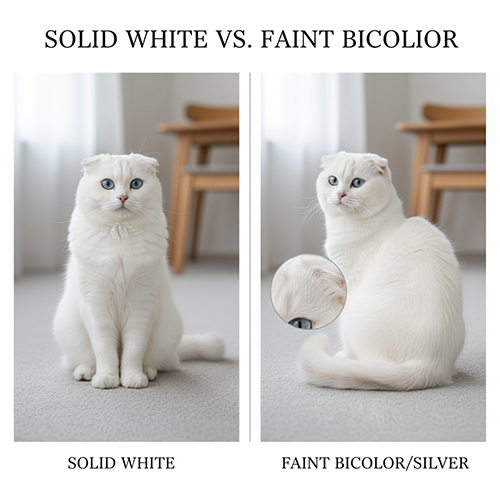 So sánh mèo tai cụp trắng solid và mèo tai cụp bicolor/silver nhạt dưới ánh sáng tự nhiên.