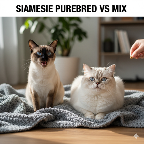 Hai mèo ngồi cạnh nhau trên chăn xám: một mèo Xiêm thuần lông ngắn, một mèo Xiêm lai lông dày sáng màu, tạo sự tương phản rõ nét.