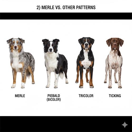 So sánh hoa văn lông chó gồm merle, khoang bicolor, tricolor và ticking qua hình minh họa