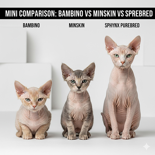 Ba mèo Bambino, Minskin và Sphynx thuần ngồi cạnh nhau trên nền trắng, minh họa bảng so sánh mini giữa ba dòng không lông