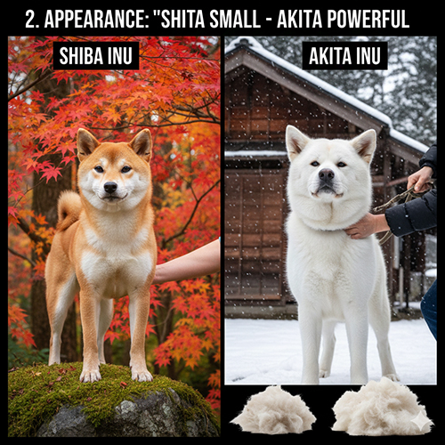 So sánh ngoại hình chó Shiba Inu nhỏ nhắn và Akita Inu to lớn với sự khác biệt rõ về kích thước và lông