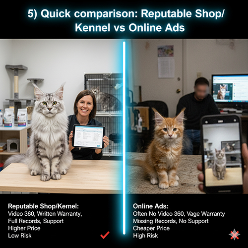 Ảnh so sánh mua mèo Maine Coon tại shop/kennel uy tín và rao vặt online với khác biệt về video 360°, bảo hành, sổ tiêm và mức độ rủi ro.