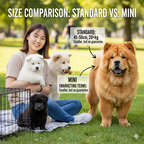 So sánh kích thước Chow Chow trưởng thành và chó Chow Chow mini theo cách hiểu thị trường, minh họa sự khác biệt về vóc dáng