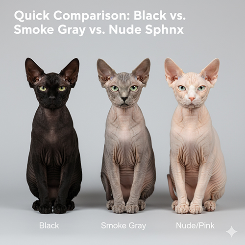 Ba mèo Sphynx ngồi cạnh nhau với ba màu khác nhau: đen, xám khói và nude/hồng sáng để so sánh sắc độ và bề mặt da