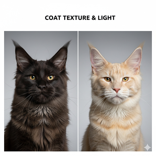 So sánh texture lông và hiệu ứng ánh sáng giữa Maine Coon lai và thuần chủng, với màu smoke ở lai và texture dày “no hình” ở thuần chủng.