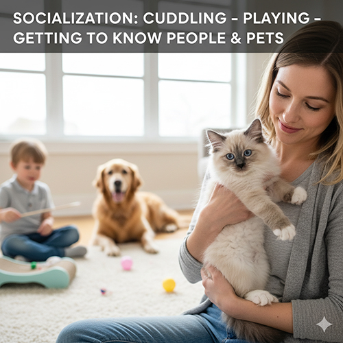 Mèo Ragdoll con được bế trong phòng khách, phía sau là trẻ em và chó, minh họa quá trình socialization